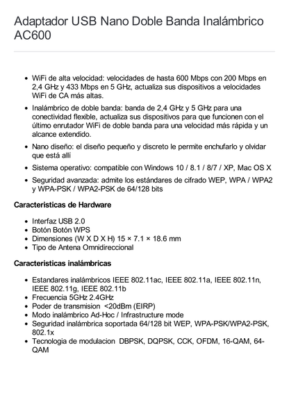 Mini Adaptador USB inalámbrico doble banda AC 600 Mbps, antena onmidireccional.