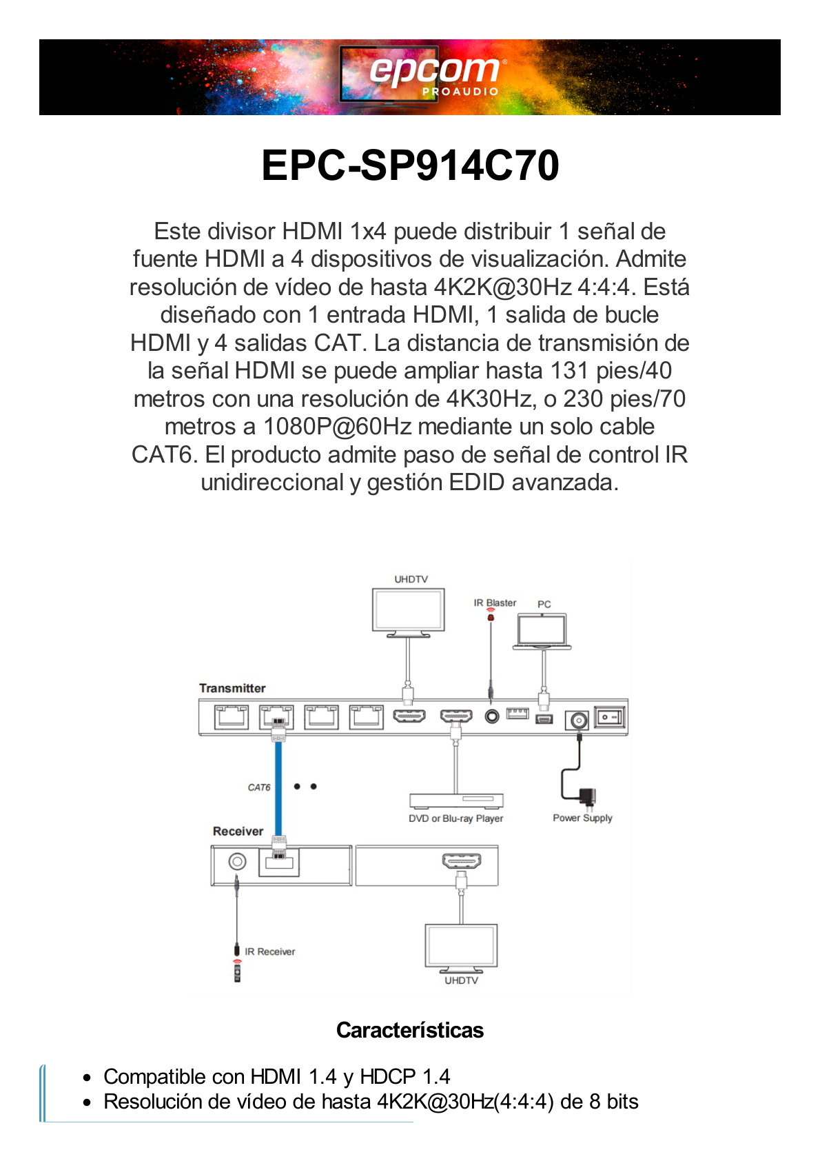 Splitter HDMI 1x4 | Extensor HDMI | 4K@30Hz 40m | 1080p@60Hz 70m | Función PoC |  4:4:4