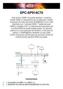 Splitter HDMI 1x4 | Extensor HDMI | 4K@30Hz 40m | 1080p@60Hz 70m | Función PoC |  4:4:4