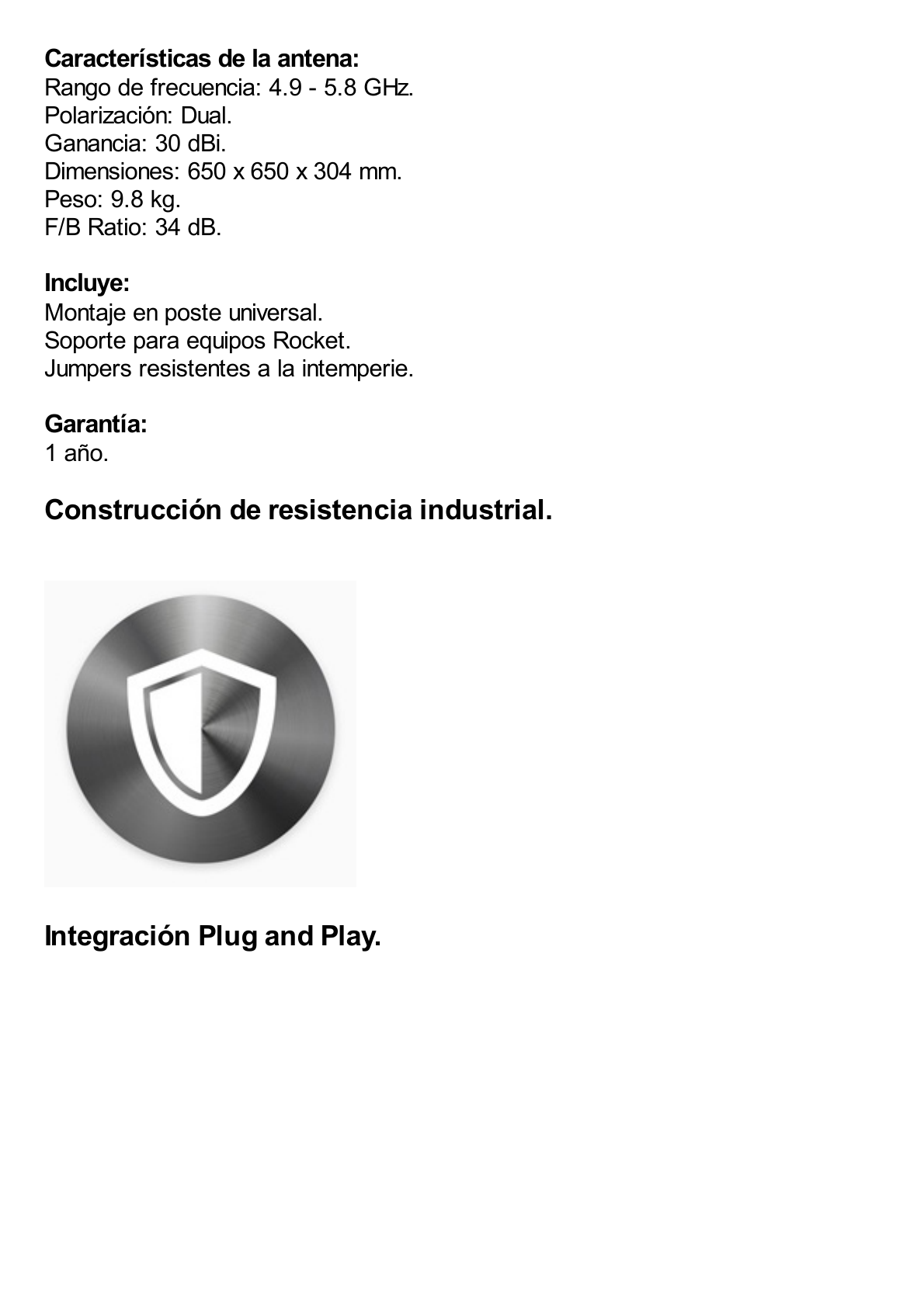 Antena Direccional RocketDish airMAX, ideal para enlaces Punto a Punto (PtP), frecuencia 5 GHz (4.9 - 5.8 GHz) de 30 dBi