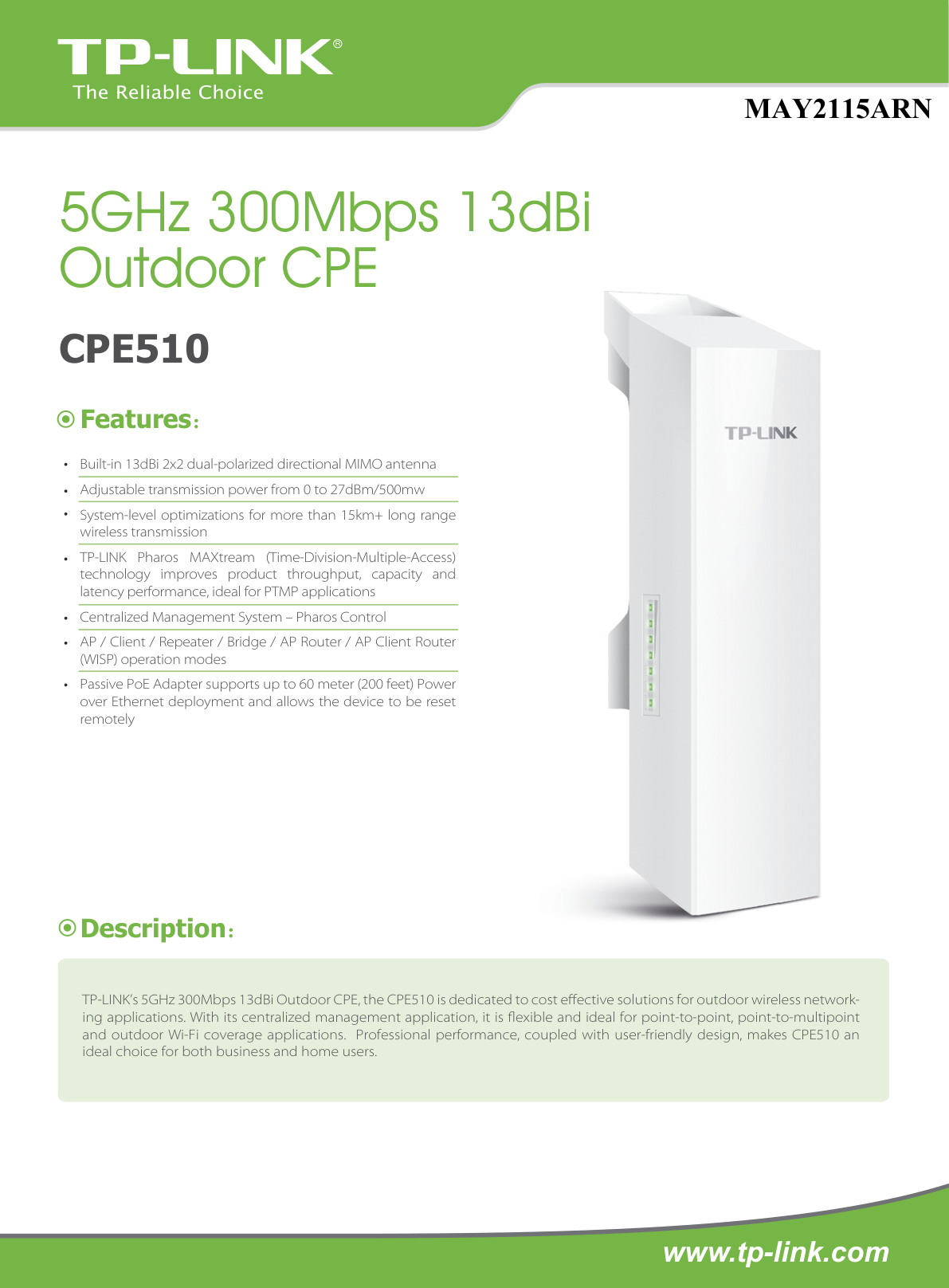 CPE exterior TP-Link CPE510 5GHz 300Mbps 13dBi antena 2x2 MIMO direccional polarizado dual potencia de 0 a 27dBm/ 500mw