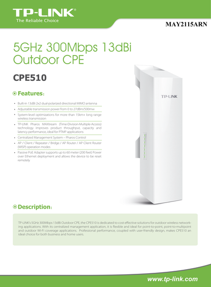 CPE exterior TP-Link CPE510 5GHz 300Mbps 13dBi antena 2x2 MIMO direccional polarizado dual potencia de 0 a 27dBm/ 500mw