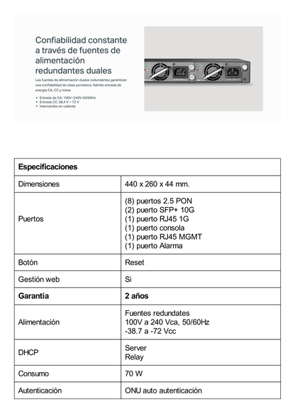 Deltra Stream - OLT de 8 Puertos GPON  / Conexión Hasta 1,024 ONUs / 1 Puerto Gigabit RJ45 Uplink / 2 Puertos SFP+ 10GbE Uplink / Fuentes Redundantes AC-AC (incluidas) /  Administración desde la Nube Sin Costo (DPMS)