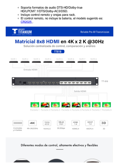 MATRICIAL DE VIDEO HDMI 8 x 8 / 8 Entradas y 8 Salidas en HDMI /  4K @ 60Hz / 10.2 Gbps / HDMI 1.4 / HDCP 1.4 / 3D / Conmutación por Botón, RS232 o Control Remoto / IDEAL PARA CENTROS DE MONITOREO, COMPARACION Y ANALISIS.