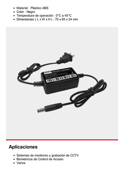 Adaptador de Pared de 12Vcc @ 1 A con cable y clavija Nema 1-15 / 0.5 metros a la toma de alimentación / 0.5 metros a la conexión del dispositivo