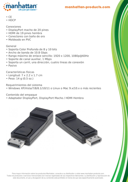 ADAPTADOR MANHATTAN DISPLAY PORT A HDMI M-H