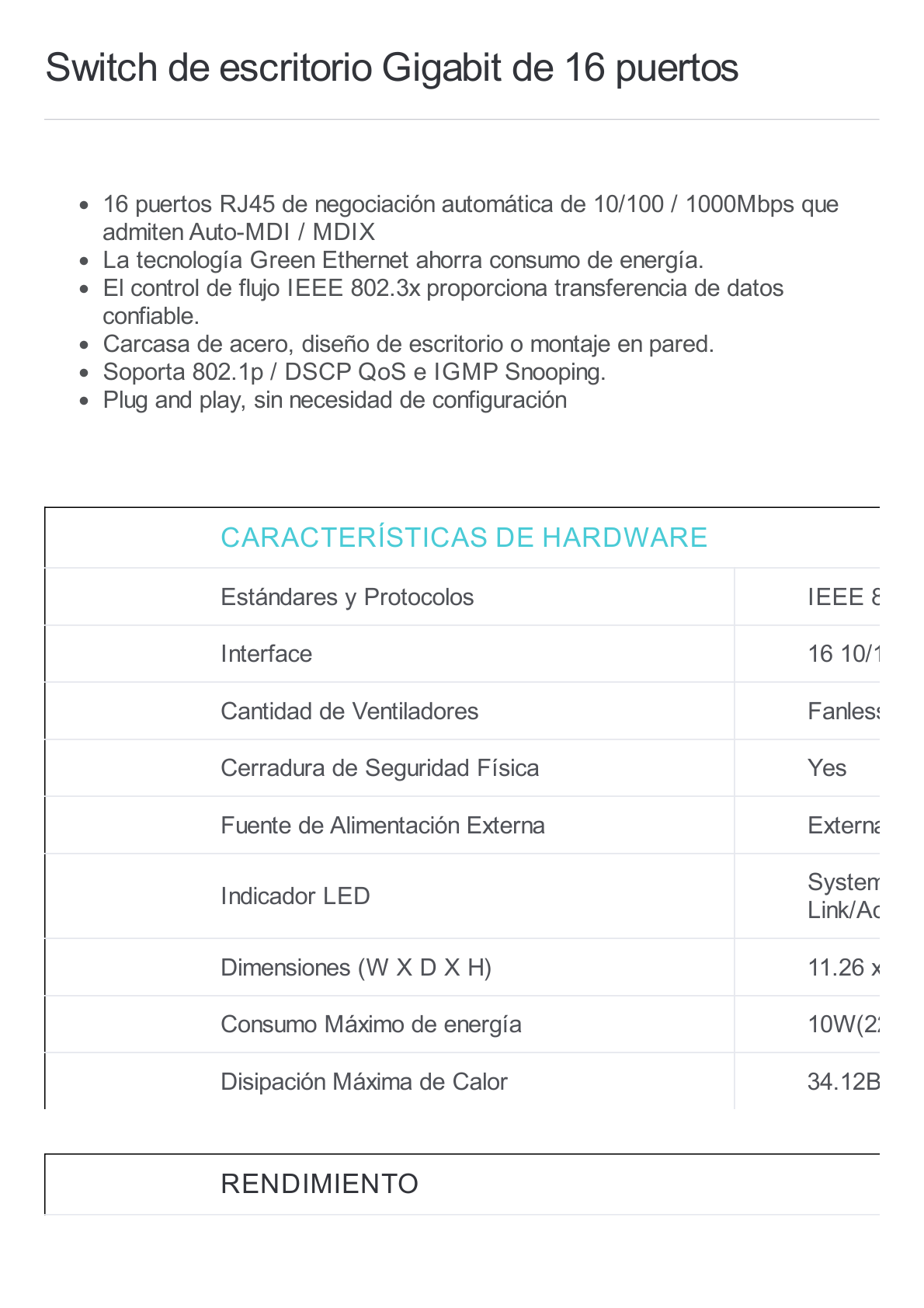 Switch Gigabit no administrable de 16 puertos 10/100/1000 Mbps para escritorio