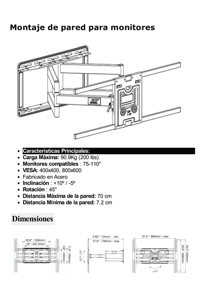 Montaje de Pared Universal Giratorio para Monitores de 75-110 " / Soporta hasta 90.9 Kg / Vesa 800 x 600 / 400 x 400 / Acero / 10° de Inclinación