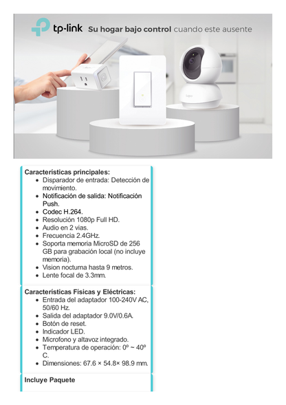 Cámara IP Wi-Fi para hogar, 3 megapixel, audio doble vía, visión nocturna, notificación Push, acepta memoria Micro SD de para grabación.