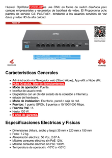 HUAWEI MiniFTTO - ONU Switch Gigabit PoE / 8 puertos 10/100/1000Mbps PoE + 1  PON (SC/UPC)/ Downstream 2.488 Gbps / Upstream 1.244 Gbps / modo puente / 120 W/ Administración Nube