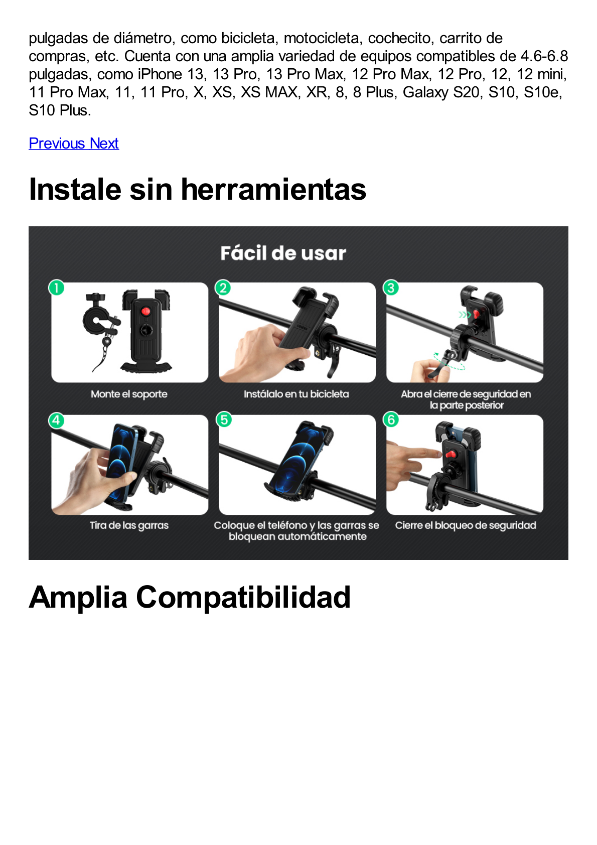 Soporte de Celular para Manillar de Motocicleta o Bicicleta / Anti Vibración / Protección de clip Antideslizante / Rotación de 360° / Bloqueo de Seguridad / Compatible con manillar de 0.6'' a 1.75'' / Soporta dispositivos de 4.6''