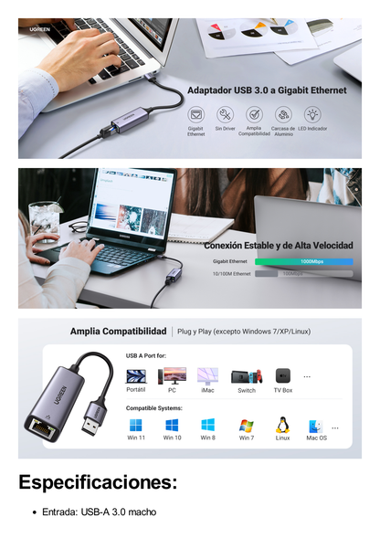 Adaptador de Red USB-A 3.0 a RJ45 /Admite 10/100/1000 Mbps / Caja de Aluminio / Longitud del cable 10 cm