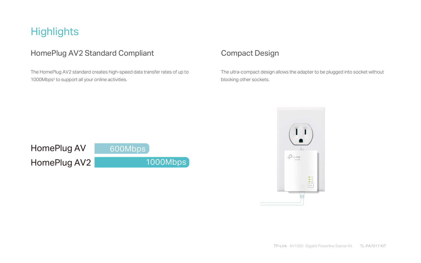 Kit (2 piezas) Adaptador TP-Link Powerline gigabit TL-PA7017 KIT HomePlug AV2 hasta 1000Mbps 1 puerto RJ45 plug and play