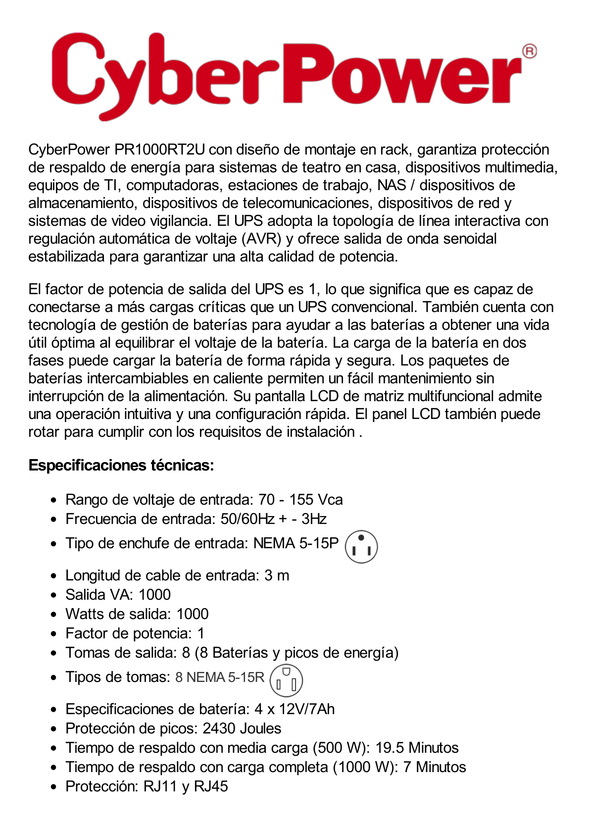 UPS de 1000 VA /1000 W, Topología Línea Interactiva, Entrada 120 Vca NEMA 5-15P, Onda Senoidal Pura, Torre o Rack 2 UR, Con 8 Tomas NEMA 5-15R