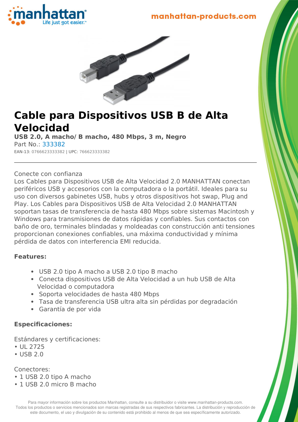 CABLE MANHATTAN PARA IMPRESORA USB A-B 3M NEGRO