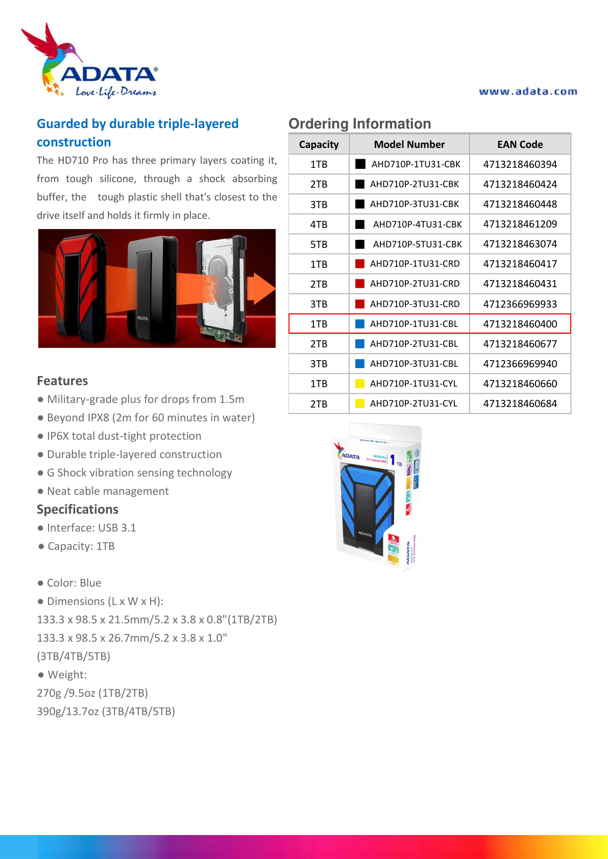 HD EXT 1 TB ADATA 2.5 USB 3.1  CONTRA  AGUA Y GOLPES AZUL AHD710P-1TU31-CBL