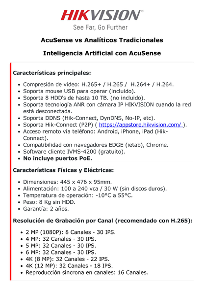 NVR 12 Megapixel (4K) / 32 Canales IP / Reconocimiento Facial / AcuSense (Evita Falsas Alarmas) / 8 Bahías de Disco Duro /  2 HDMI en 4K / Alarmas I/O