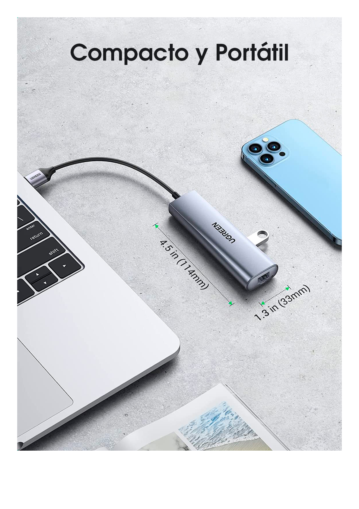 HUB USB-A (Docking Station) 5 en 1 | 3 USB-A 3.0 (5Gbps) | 1 RJ45 (Gigabit Ethernet) | Entrada Micro USB | Luz Indicadora LED | Doble Chip de Última Generación | Caja ABS + PC | Interfaz Niquelada | Color Gris Metalizado.