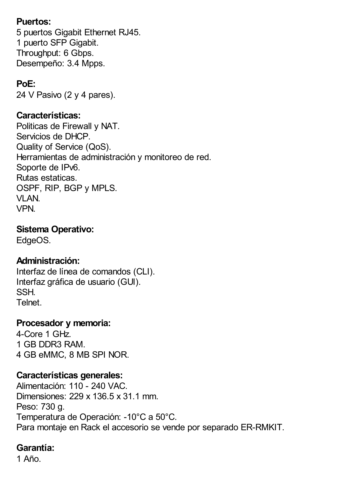 EdgeRouter 6 PoE pasivo 24 V, con 5 puertos 10/100/1000 Mbps + 1 puerto SFP, con funciones avanzadas de ruteo