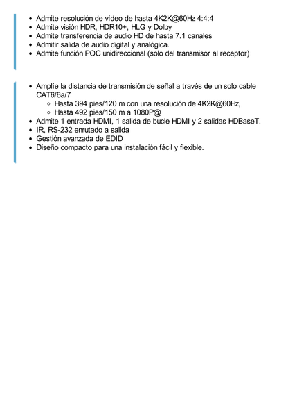 Splitter mas Extensor de Video | 1x2 | ProAV | HDBaseT™ | 120m en 4K@60Hz | 150m en 1080p@60Hz | Cat6/6a/7 | Gestión Avanzada EDID | Control IR y RS232 | PoC | Salida de Audio