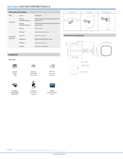 Camara Dahua DH-HAC-HFW1801TLMN-IL-A bullet full color 4 k lente 2.8mm IR 40 m metal exterior micronofo integrado 106 gds apert iluminador IP67