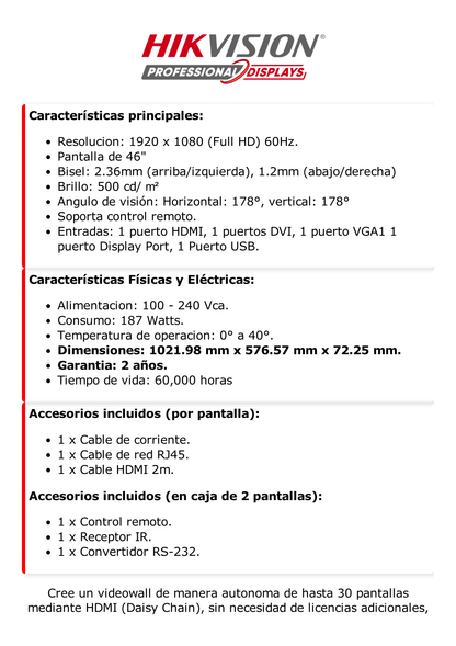 Pantalla LCD 46" para TV WALL / Entrada HDMI - VGA - DVI - DP / Monitor Robusto / Bisel Delgado (3.5 mm) / Soportan Daisy Chain (Conexión en Cadena sin Software)