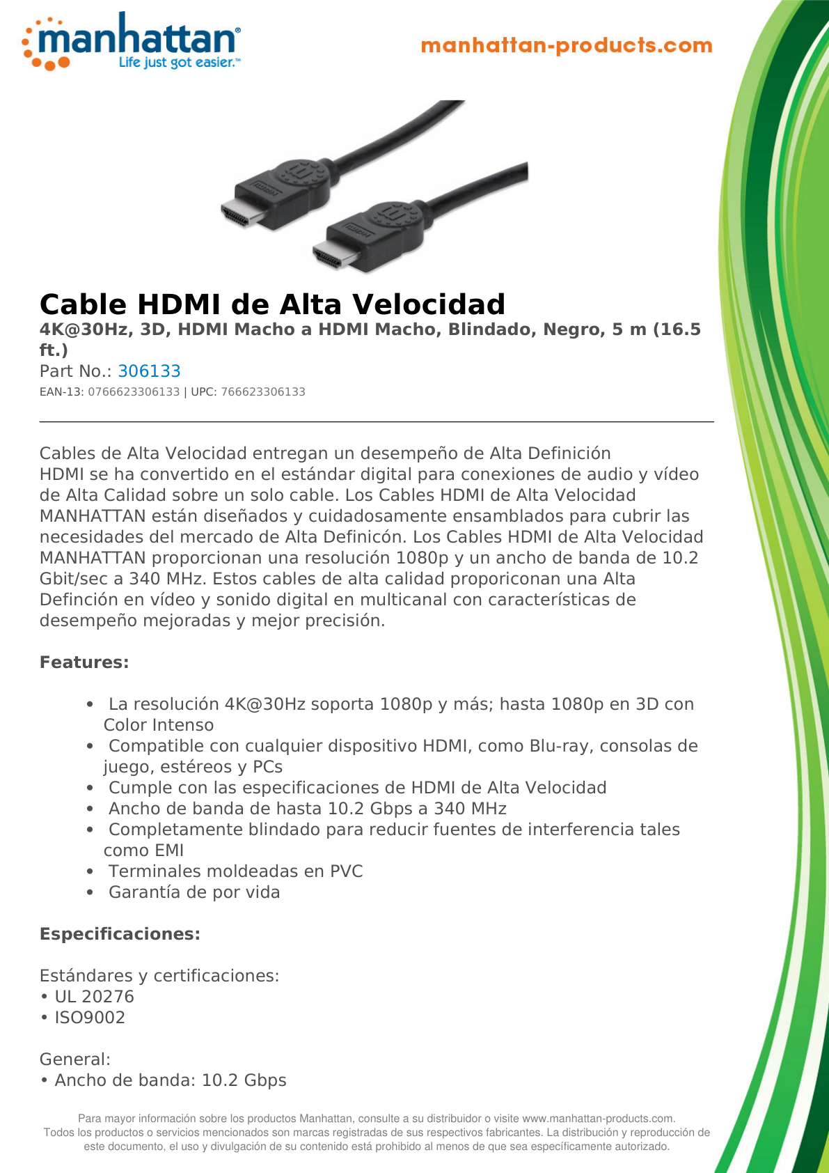 CABLE MANHATTAN HDMI 1.3 M-M 5M