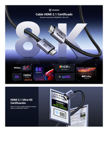 Cable HDMI 2.1 de 8K@60Hz | 2 m | 48Gbps | HDR10+ | 3D Inversivo| eARC | Dolby ATMOS |   VVR | QMS | QFT | ALLM | 3 modos de Visualización | Certificado HDMI 8K | Niquelado | Nylon Trenzado | Carcasa de Aluminio.