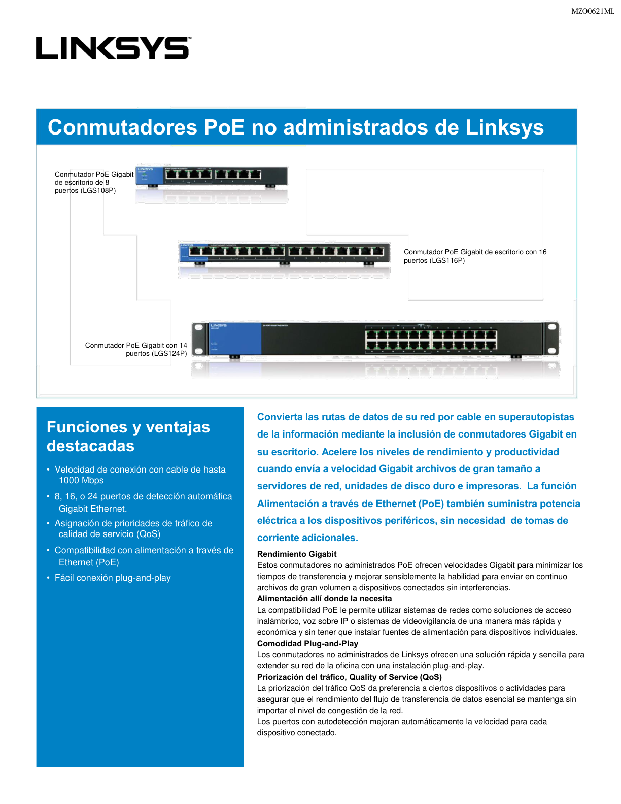 Switch Linksys LGS116P metálico 16 puertos gigabit (8 puertos PoE+ 802.3at max. 80W) QoS