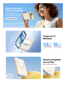 Power Bank MagSafe de 5000mAh | 15W | Carga Inalámbrica y por Cable USB-C | Sistema de Protección Inteligente | Tecnología de Carga Rápida | Ultra Delgado | Ultra ligero | Compatible con iPhone 15/14/13/12 | Color Beige.