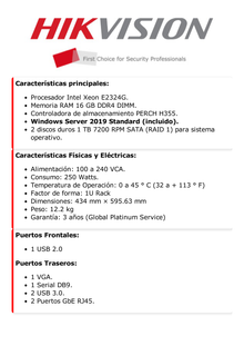 Servidor de Administración / E-2324G / Windows Server 2019 / 1 U Rack / 16 GB DDR4 DIMM / 1 TB  SATA X 2 para S.O. / 2 Puertos RJ45 Gigabit / Servidor para Multiples Marcas