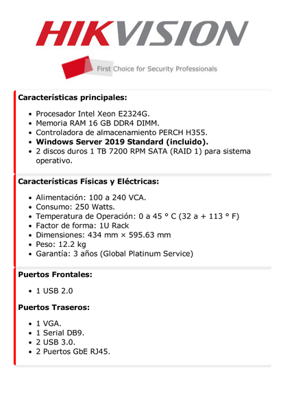 Servidor de Administración / E-2324G / Windows Server 2019 / 1 U Rack / 16 GB DDR4 DIMM / 1 TB  SATA X 2 para S.O. / 2 Puertos RJ45 Gigabit / Servidor para Multiples Marcas