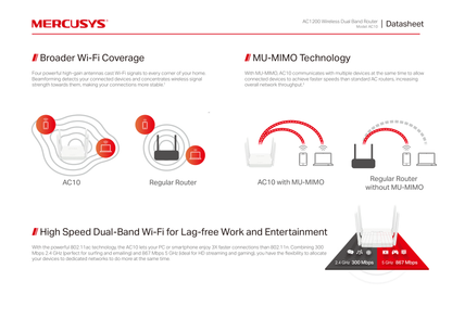 Router inalámbrico Mercusys AC10 AC1200 1x RJ45 WAN y 2x RJ45 LAN 10/100M 4 antenas 5dBi