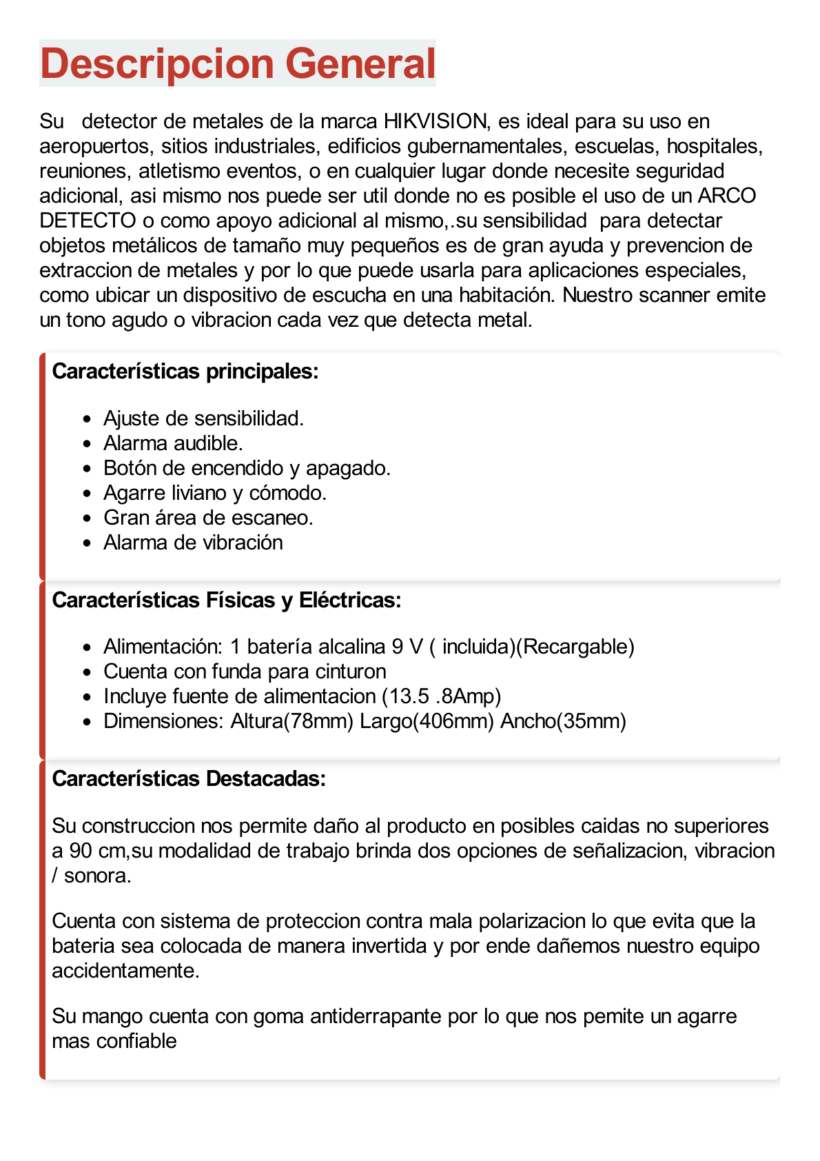 Detector de Metales Portátil / Ligero y Fácil de Utilizar / Alerta Visual, Audible y de Vibración / A Prueba de Caídas (1 Metro) / Incluye Funda para Cinturón y Batería