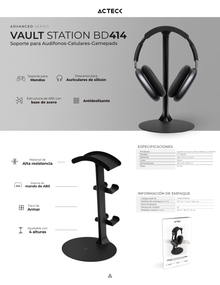 Soporte de Escritorio Acteck Vault Station BD414 para Audífonos Celulares Gamepads 4 Puntos de Ajuste Negro