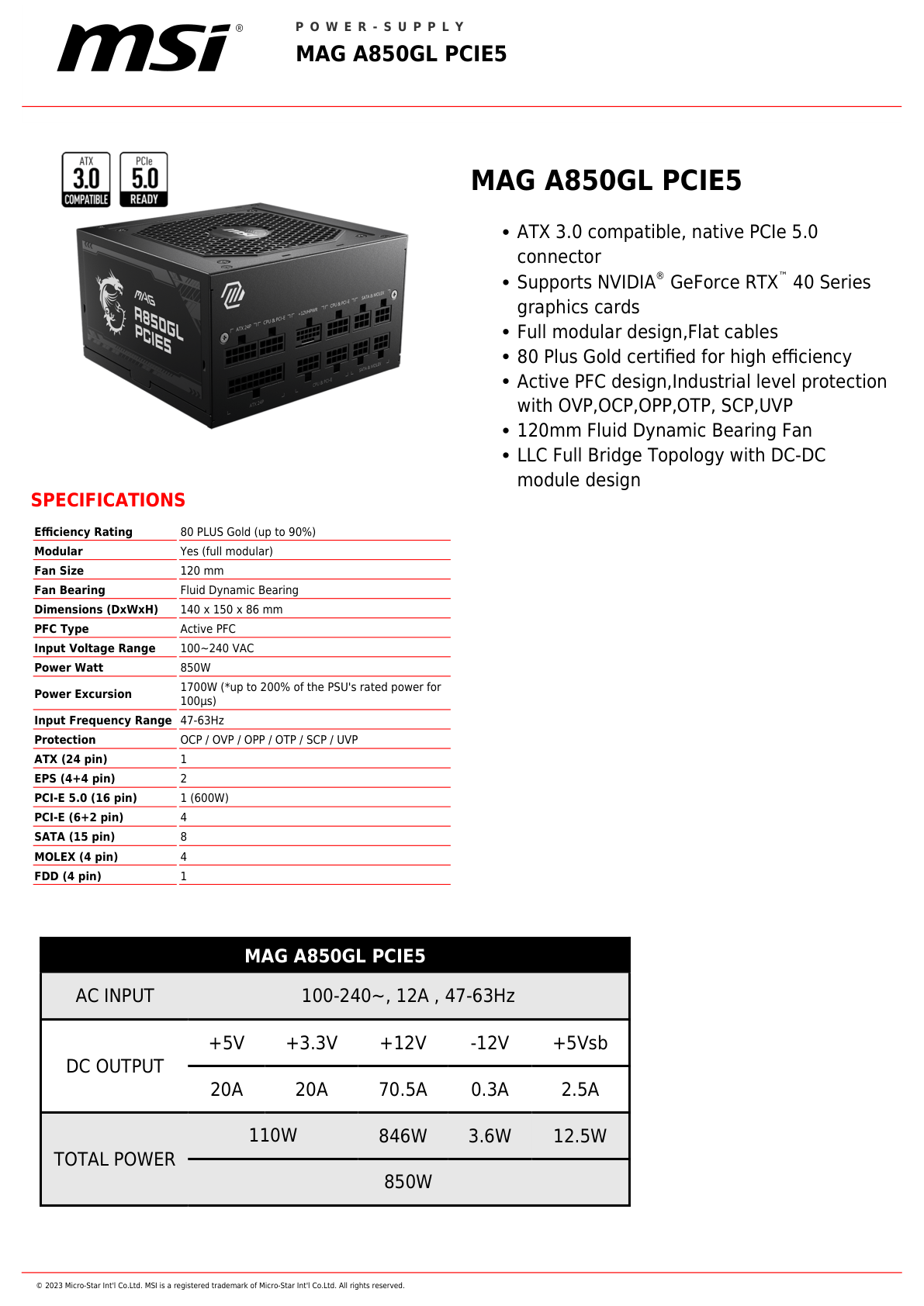 Fuente MSI 850W Gold 80 Plus full modular MPG conector PCIE5 Amarillo