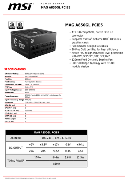 Fuente MSI 850W Gold 80 Plus full modular MPG conector PCIE5 Amarillo