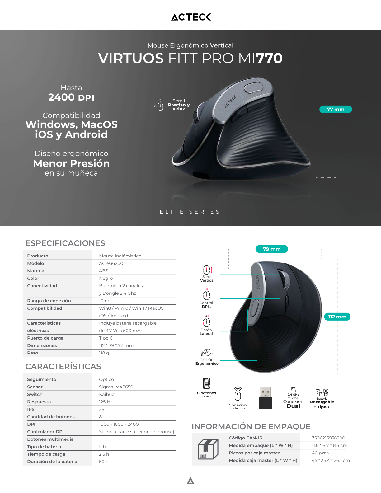 Mouse Acteck Ergonómico Vertical Virtuos Fitt Pro MI770 Blanco Inalambrico/Bluetooth 2400DPI Scroll rapido 8 Botones Recargable 50h