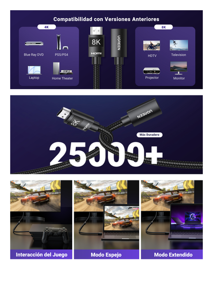 Cable de extensión HDMI 8K / 1 Metro / Macho a Hembra / HDMI 2.1 / 8K@60Hz / Núcleo de Cobre Puro 28AWG / Soporta la Conexión de hasta 3 Metros de largo en HDMI 2.1