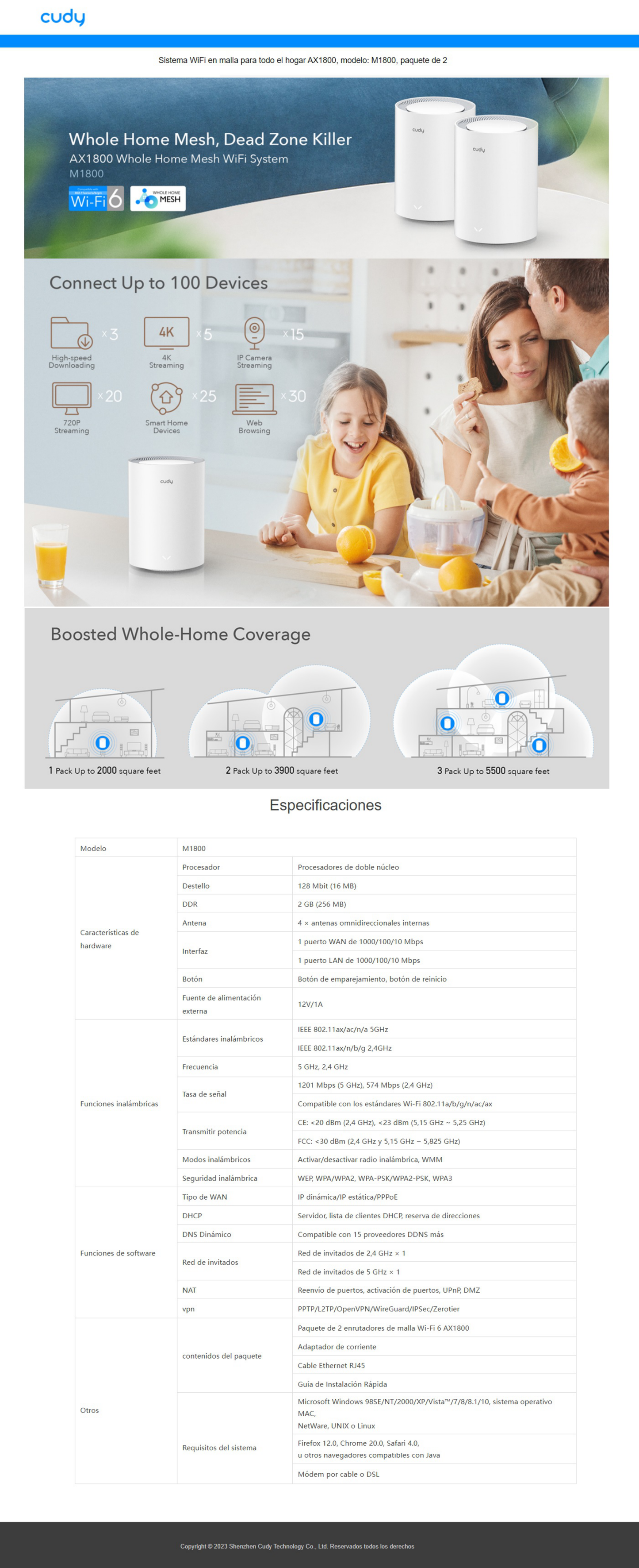 Sistema Mesh Cudy M1200 (1 pieza) Wi-Fi AC1200 (2 puertos ethernet 10/100) seamless roaming