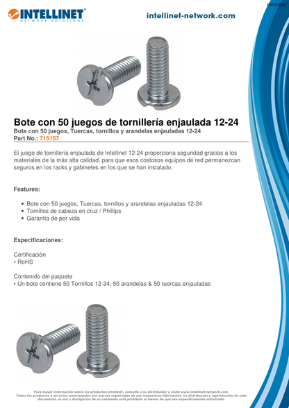 Tornillería Intellinet (50 Juegos) Bote 12-24 Para Accesorios Rack