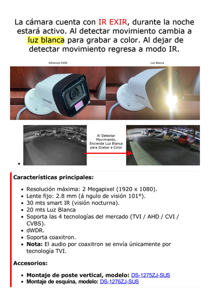 [Dual Light + ColorVu] Turret TURBOHD 2 Megapixel (1080p) / Lente 2.8 mm / 30 mts IR + 20 mts Luz Blanca / Gran Angular 101° / Exterior IP67 / Micrófono Integrado /  4 Tecnologías /  Metal