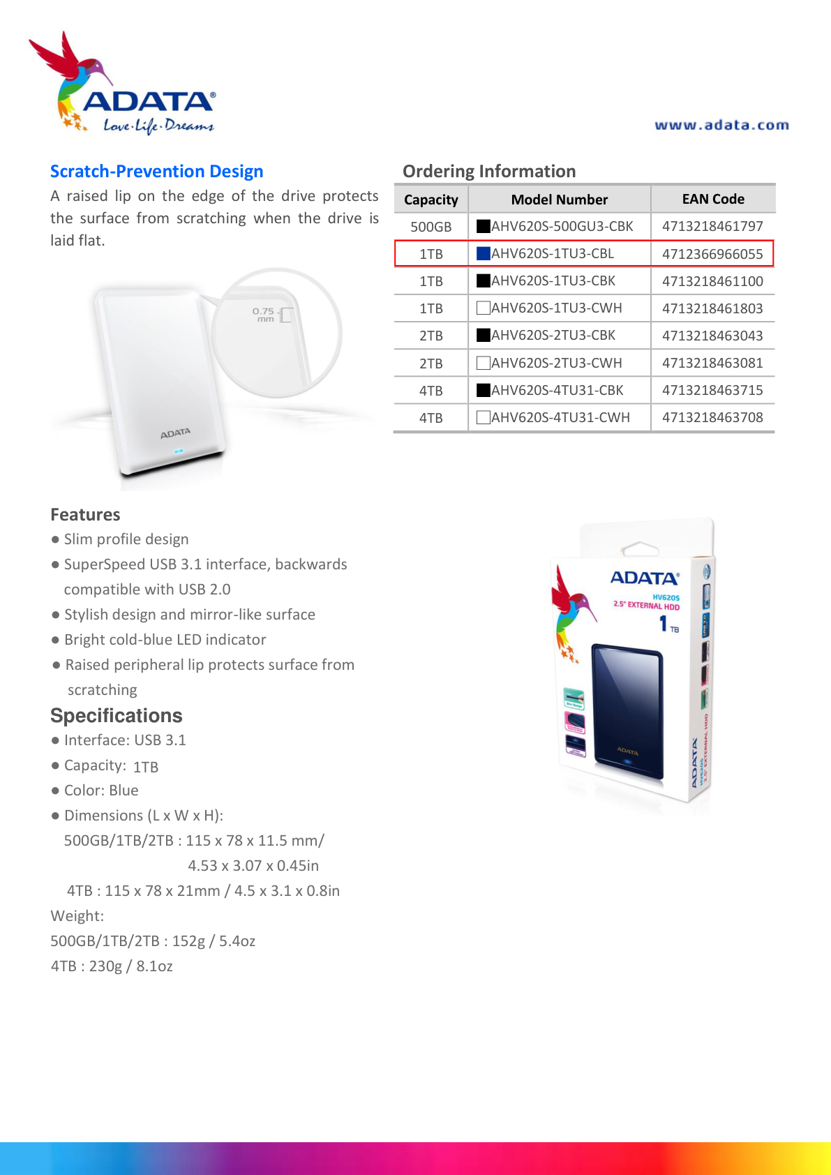 HD EXT 1 TB ADATA 2.5 USB 3.0 AAHV620S-1TU31-CBL  AZUL