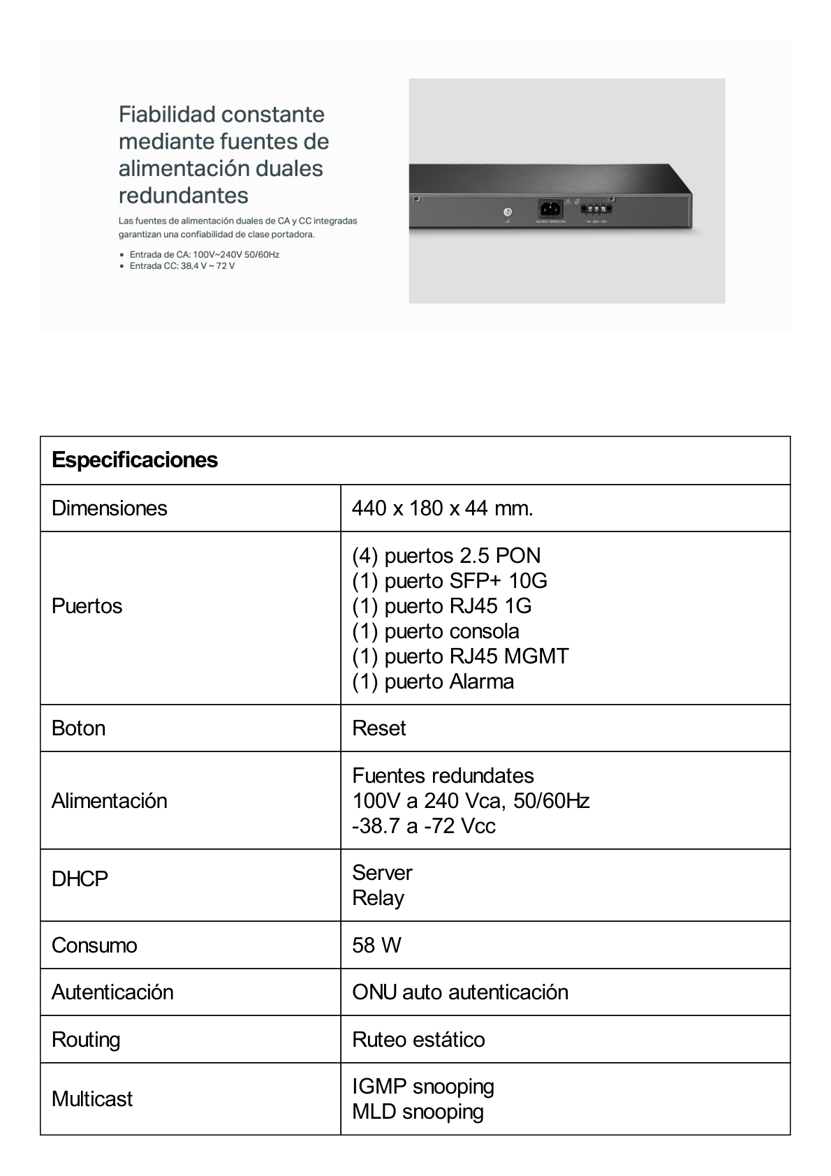 Delta Stream - OLT de 4 puertos GPON / Conexión de hasta 512 ONUs / 1 Puerto Gigabit RJ45 Uplink /  1 Puertos SFP+ Uplink / Fuentes Redundantes AC- DC (incluidas) / Administración desde la nube (DPMS)