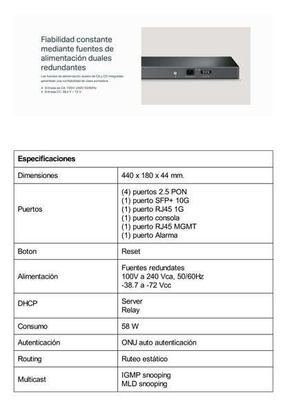 Delta Stream - OLT de 4 puertos GPON / Conexión de hasta 512 ONUs / 1 Puerto Gigabit RJ45 Uplink /  1 Puertos SFP+ Uplink / Fuentes Redundantes AC- DC (incluidas) / Administración desde la nube (DPMS)