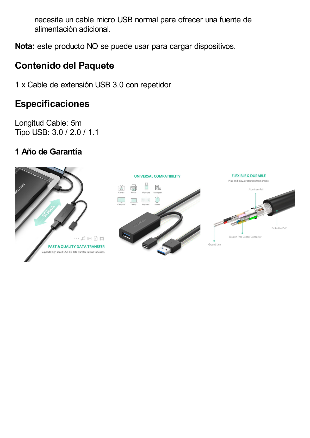 Cable de Extensión Activo USB 3.0 con puerto de alimentación Micro USB / 5 Metros / USB 3.0 a 5Gbps / No requiere controlador / Ideal para impresoras, consolas , Webcam, etc.