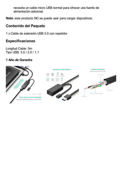 Cable de Extensión Activo USB 3.0 con puerto de alimentación Micro USB / 5 Metros / USB 3.0 a 5Gbps / No requiere controlador / Ideal para impresoras, consolas , Webcam, etc.