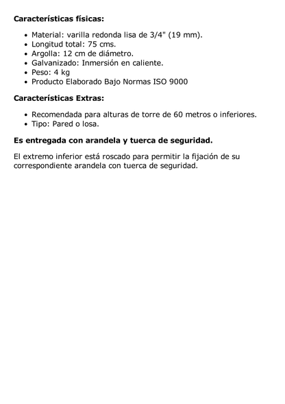 Ancla de Losa o Pared de 75 cm. de 12 cm diámetro de argolla Galvanizada por Inmersión en Caliente.