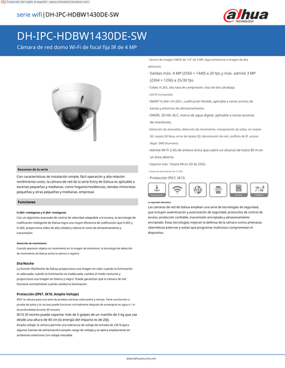 Camara Dahua DH-IPC-HDBW1430DE-SW IP domo WIFI 4 mpx lente 2.8 mm 90 gds de apertura IR 30 m ranura micro sd IP67