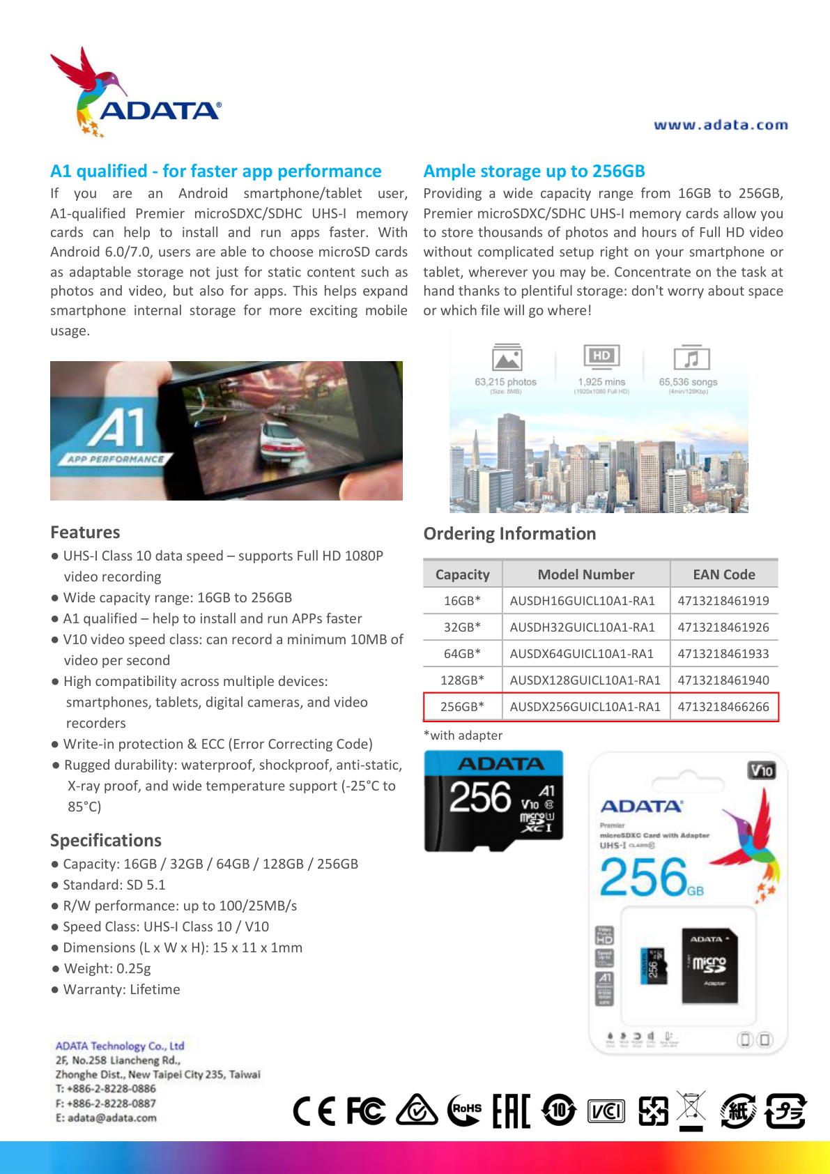 Memoria ADATA 256GB MicroSD Premier con adaptador SD clase10 A1 85MB/25MB por segundo